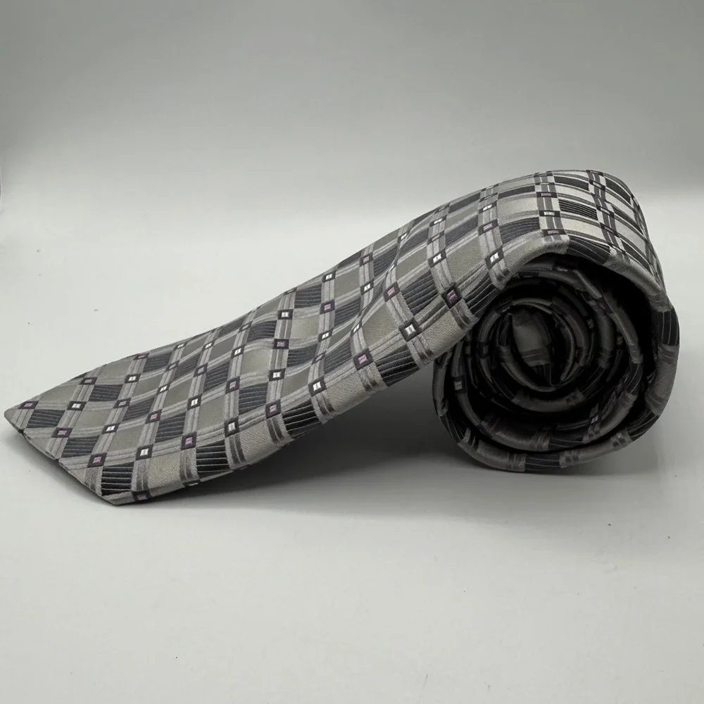 Nicole Miller Col. Men Grey Black Purple‎ Geometric Grid Woven Classic Necktie
